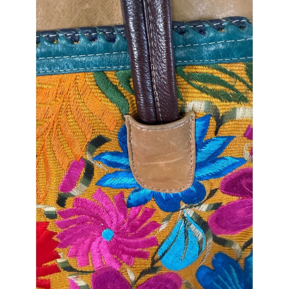 Handmade Leather Satchel Handbag Floral Embroidered Boho Artisan Multicolor - Picture 4 of 15